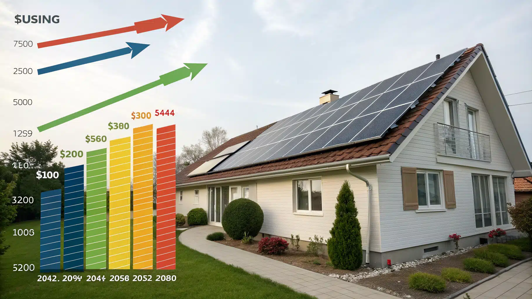 Un graphique clair et lumineux indiquant visuellement l'évolution des économies réalisées grâce à l’installation de panneaux solaires sur plusieurs années.